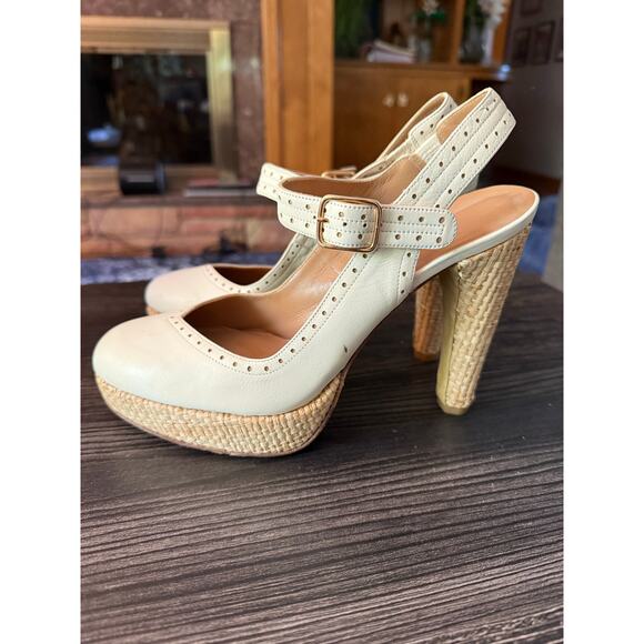 Stuart Weitzman Ivory Leather and Raffia Platform Sling Back Heel Sz. 8M - Picture 9 of 9